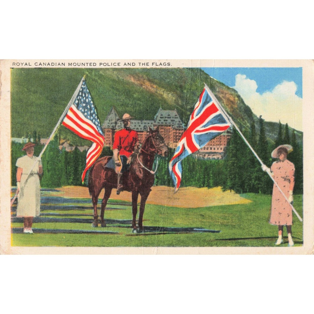 Royal Canadian Mounted Police RCMP Mountie Banff Flags US UK Linen Postcard 1941 - Picture 1 of 2